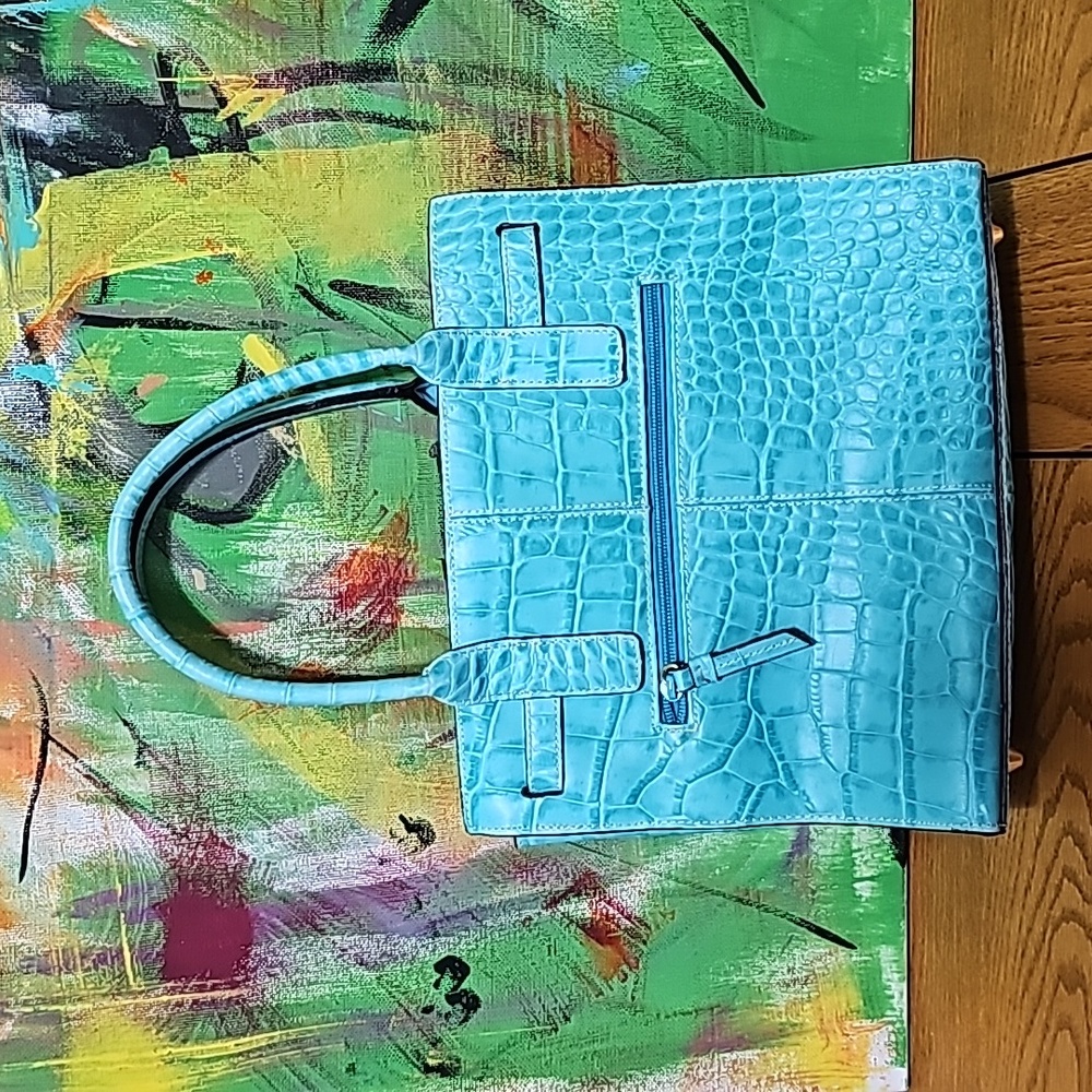Teal purse Genuine leather vinyl trim crocodile yellow handbag purse statement